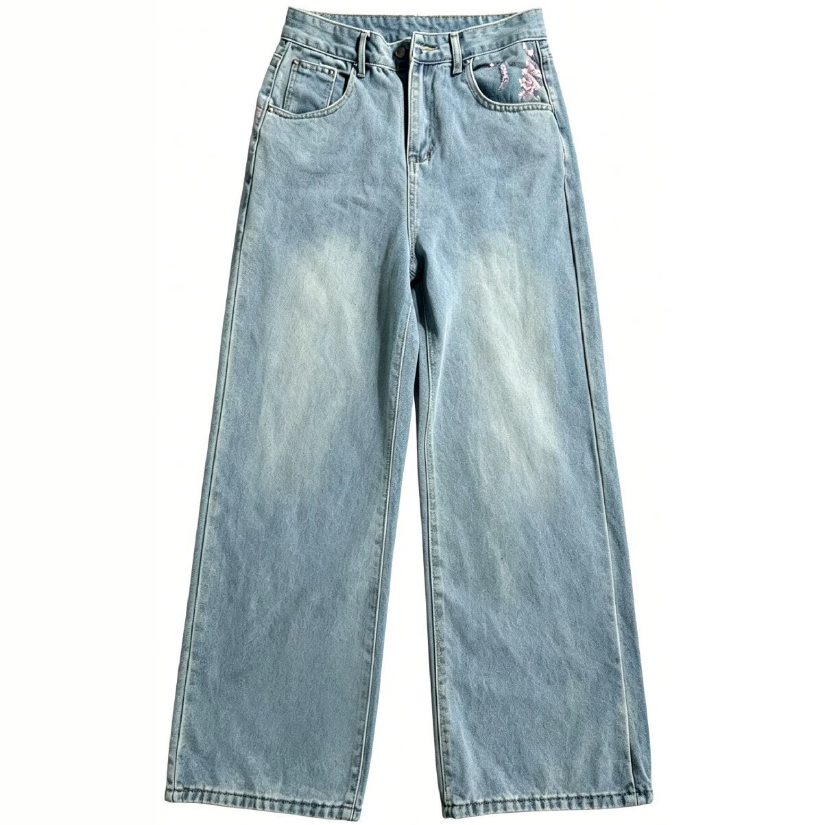 Embroidery Jeans Sakura - Jean taille haute ample à jambe
