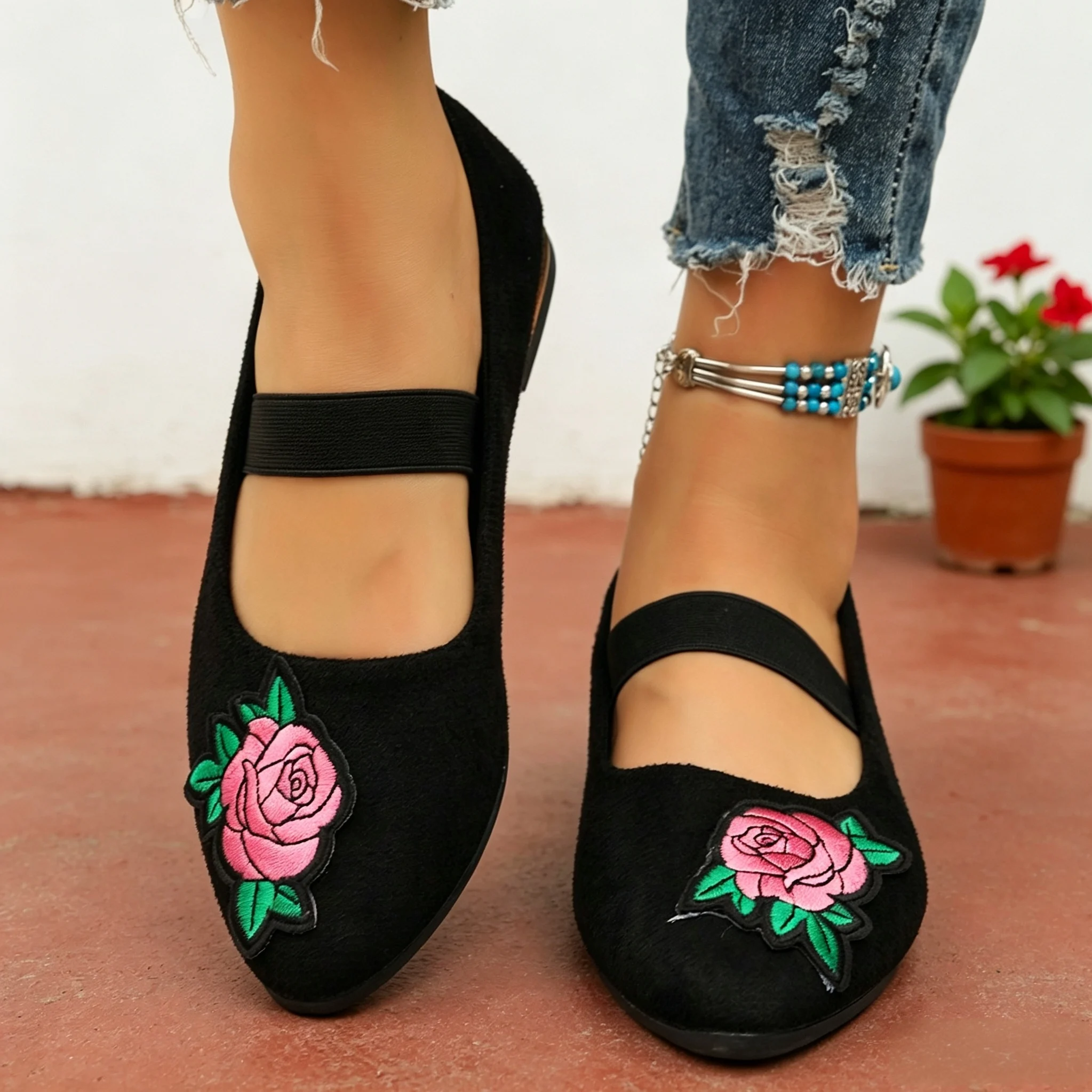 Embroidery Flower - Chaussures plates pour femmes, style vintage