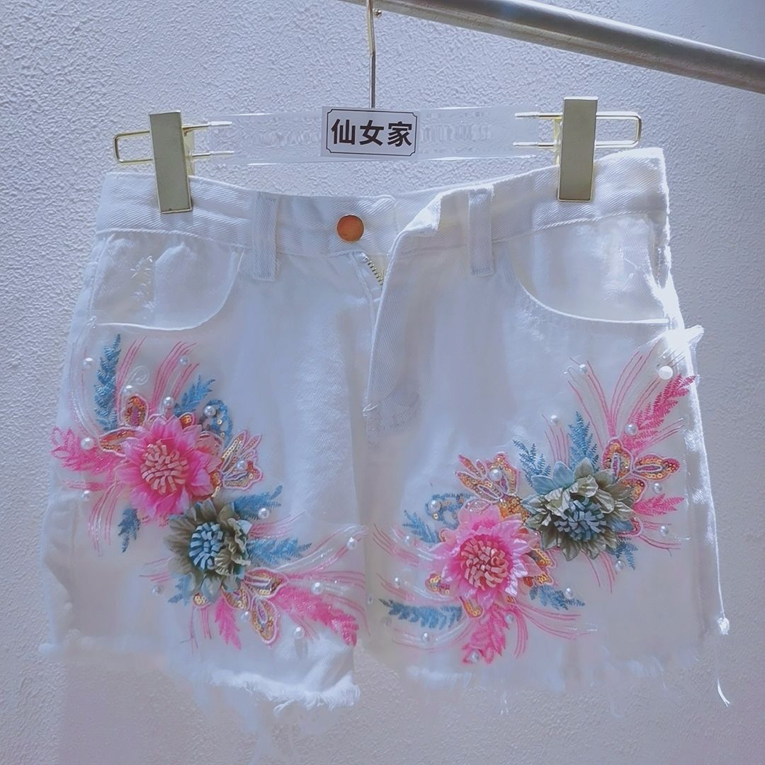 Embroidery Jeans Sakura - Mode coréenne femmes été Denim Shorts