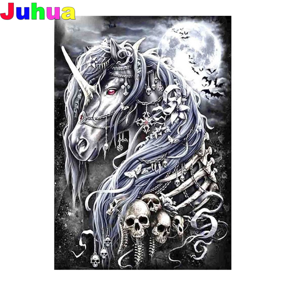 Embroidery Unicorn - Peinture diamant thème crâne, licorne, perceuse