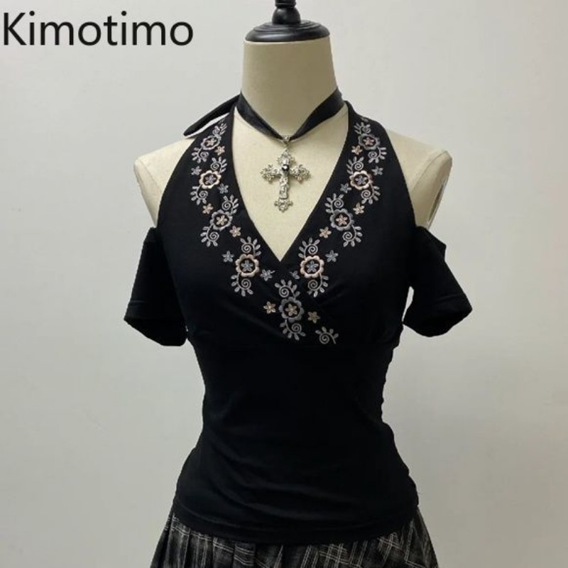 Embroidery Topi - Kimotimo Y2k Aesthetic Embroidery V Neck
