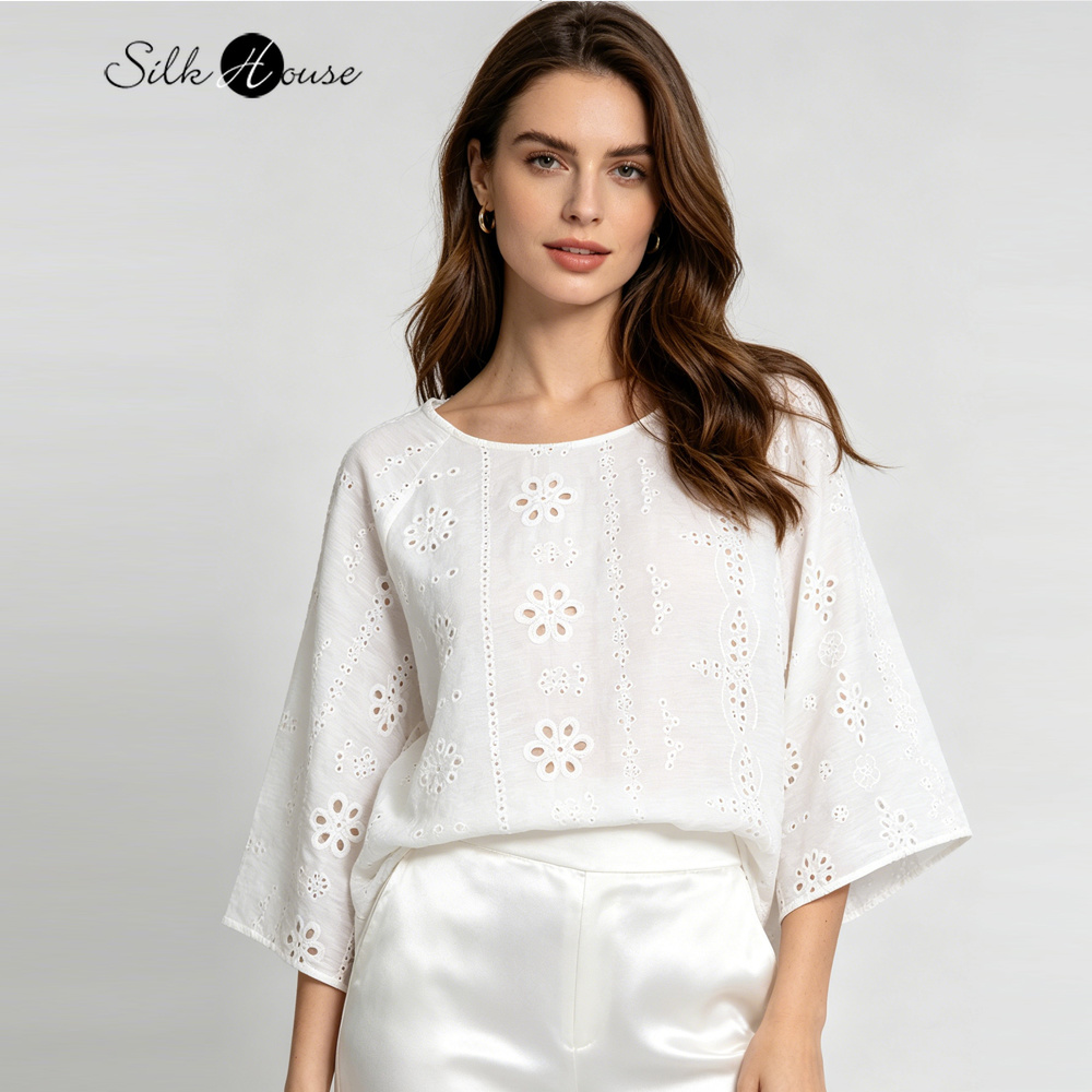 Embroidery Jersey - T-shirt grande taille blanc brodé ajouré