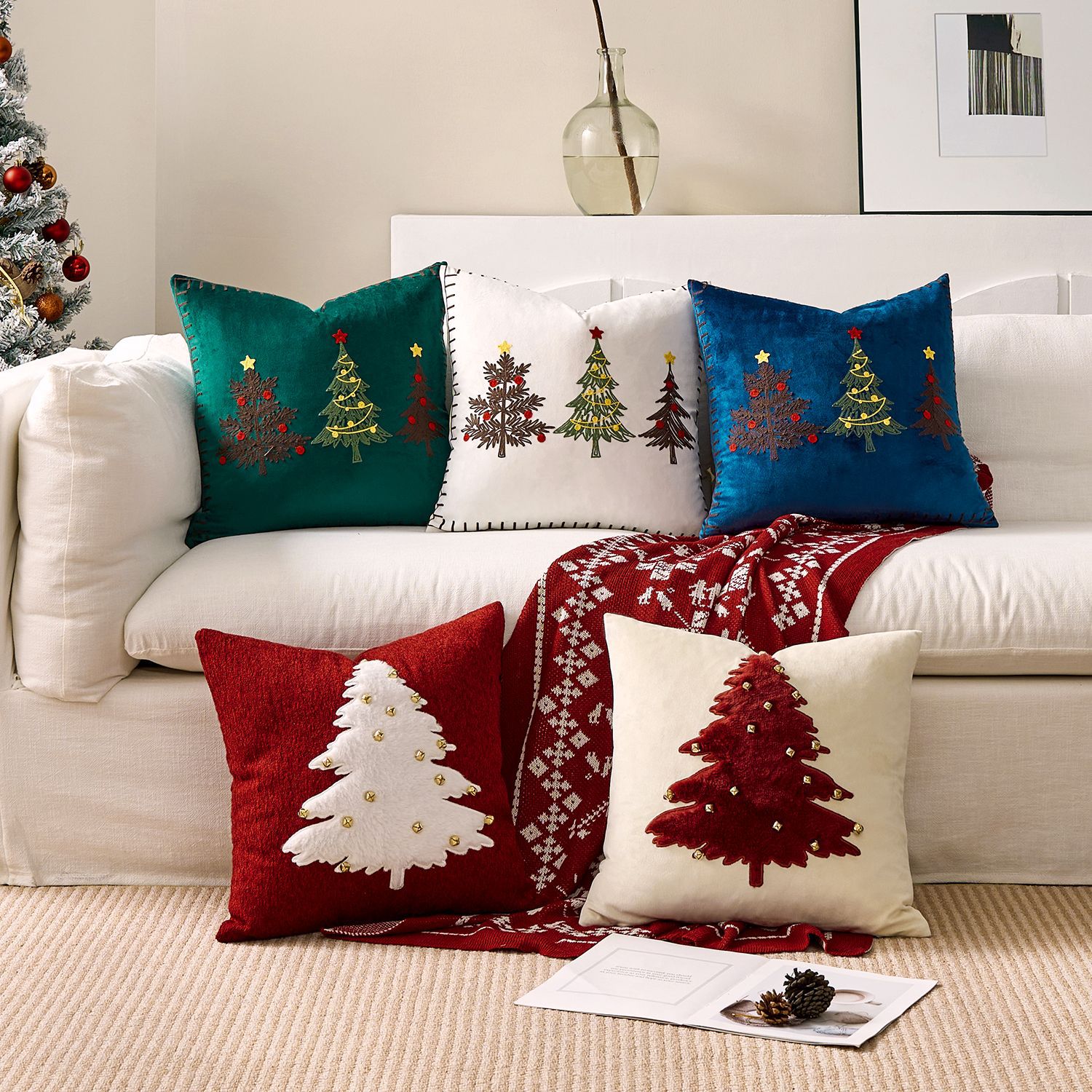 Embroidery Xmas Tree - Housse de coussin brodée, 1 pièce,