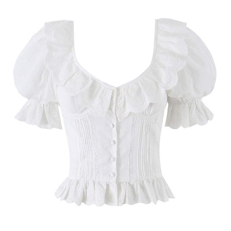 Embroidery Topi - Dave&Di Sweet Lace Collar Bubble Sleeves