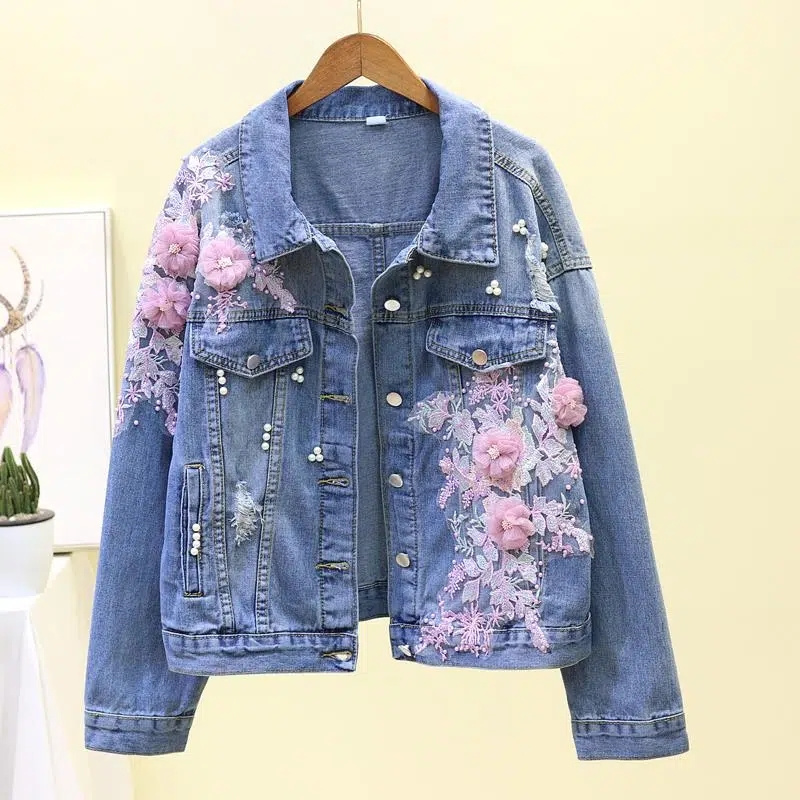 Embroidery Jeans Sakura - Veste en Jean brodée pour femme,