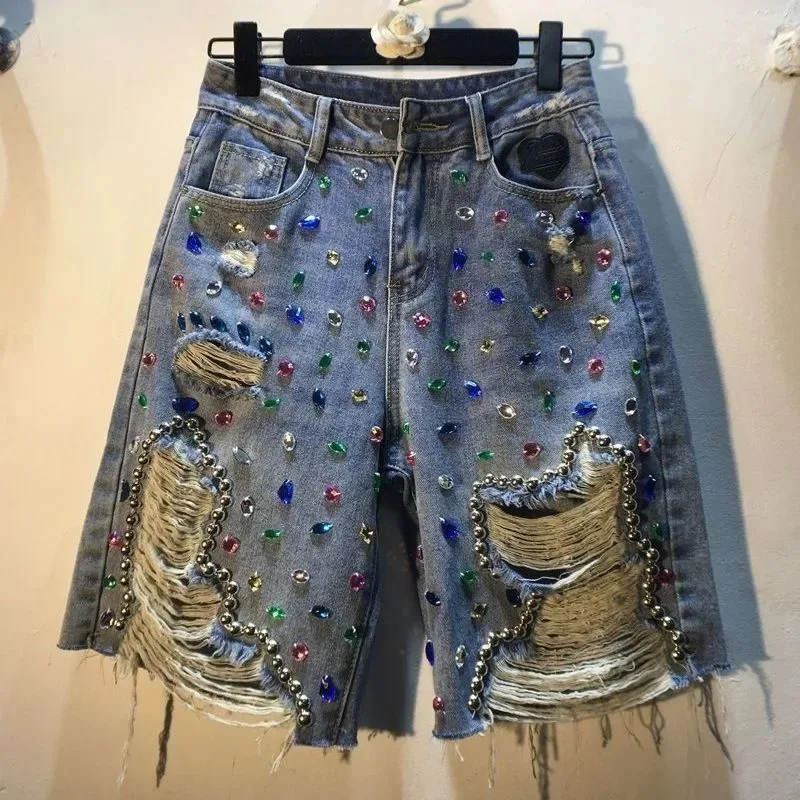Embroidery Jeans Sakura - Pantalon court d'été pour femmes, taille