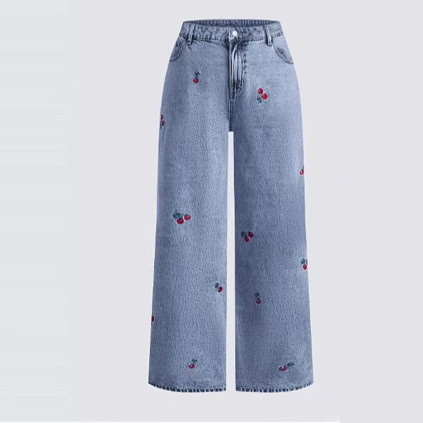 Embroidery Jeans Sakura - Jean en denim délavé rétro pour