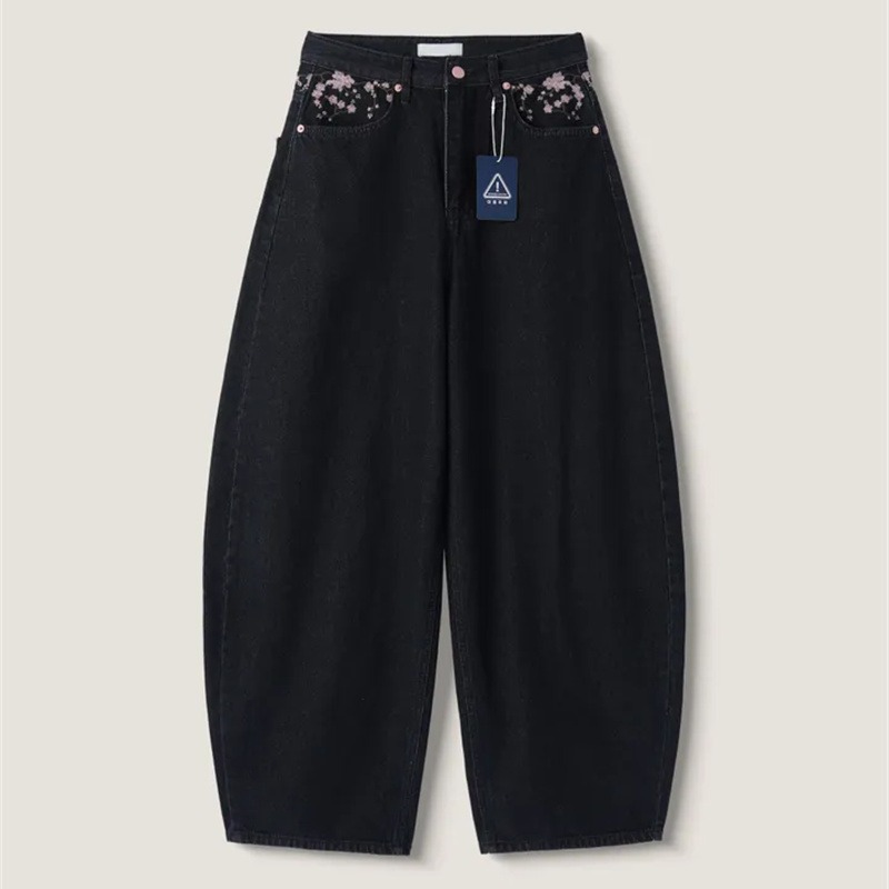 Jean ample en denim noir à bro - Embroidery Jeans Sakura avis et prix