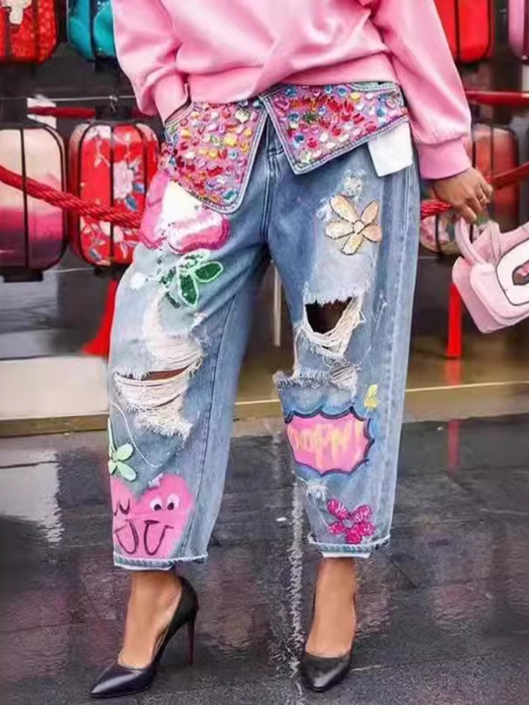 Pantalon en denim taille haute - Embroidery Jeans Sakura avis et prix