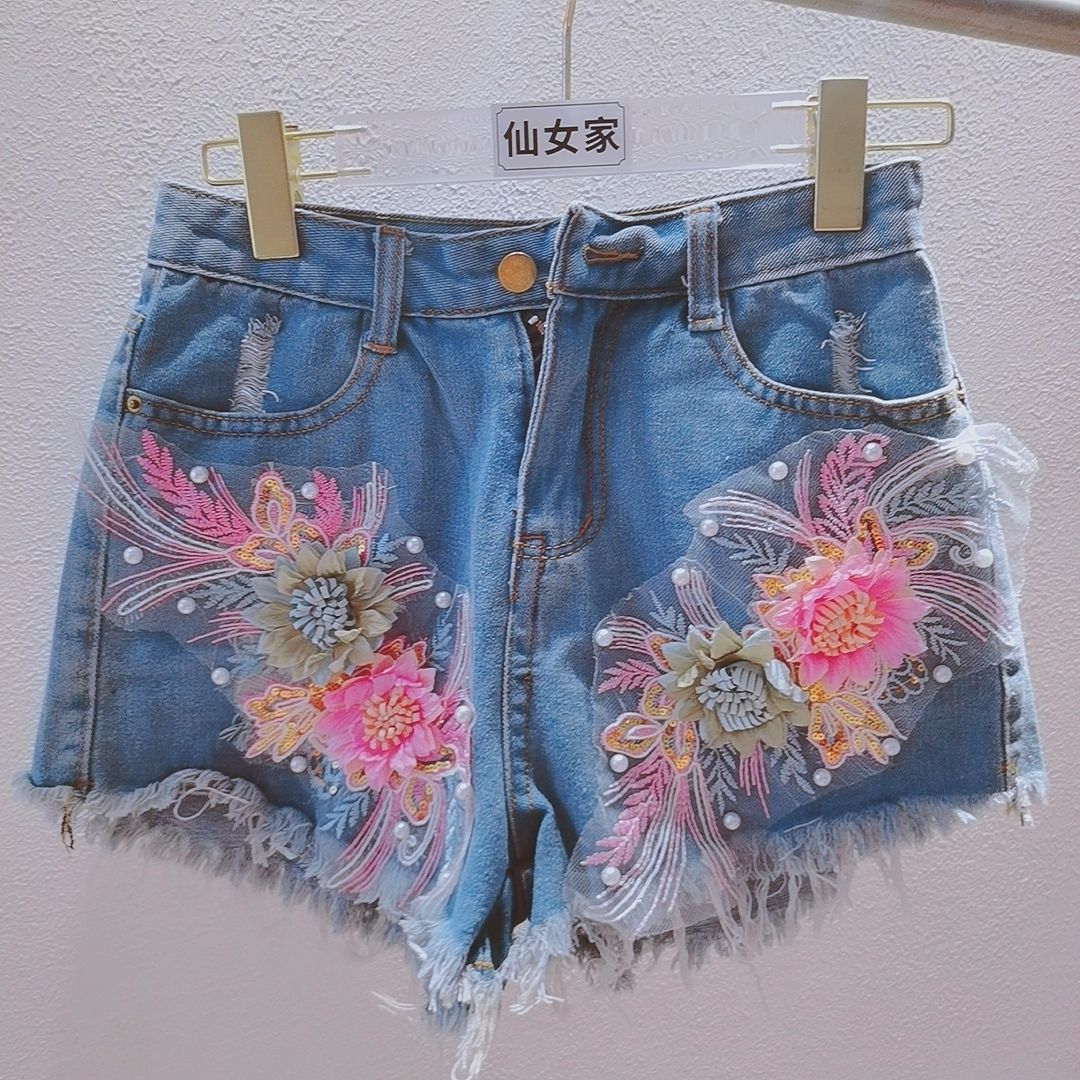 Mode coréenne femmes été Denim - Embroidery Jeans Sakura avis et prix