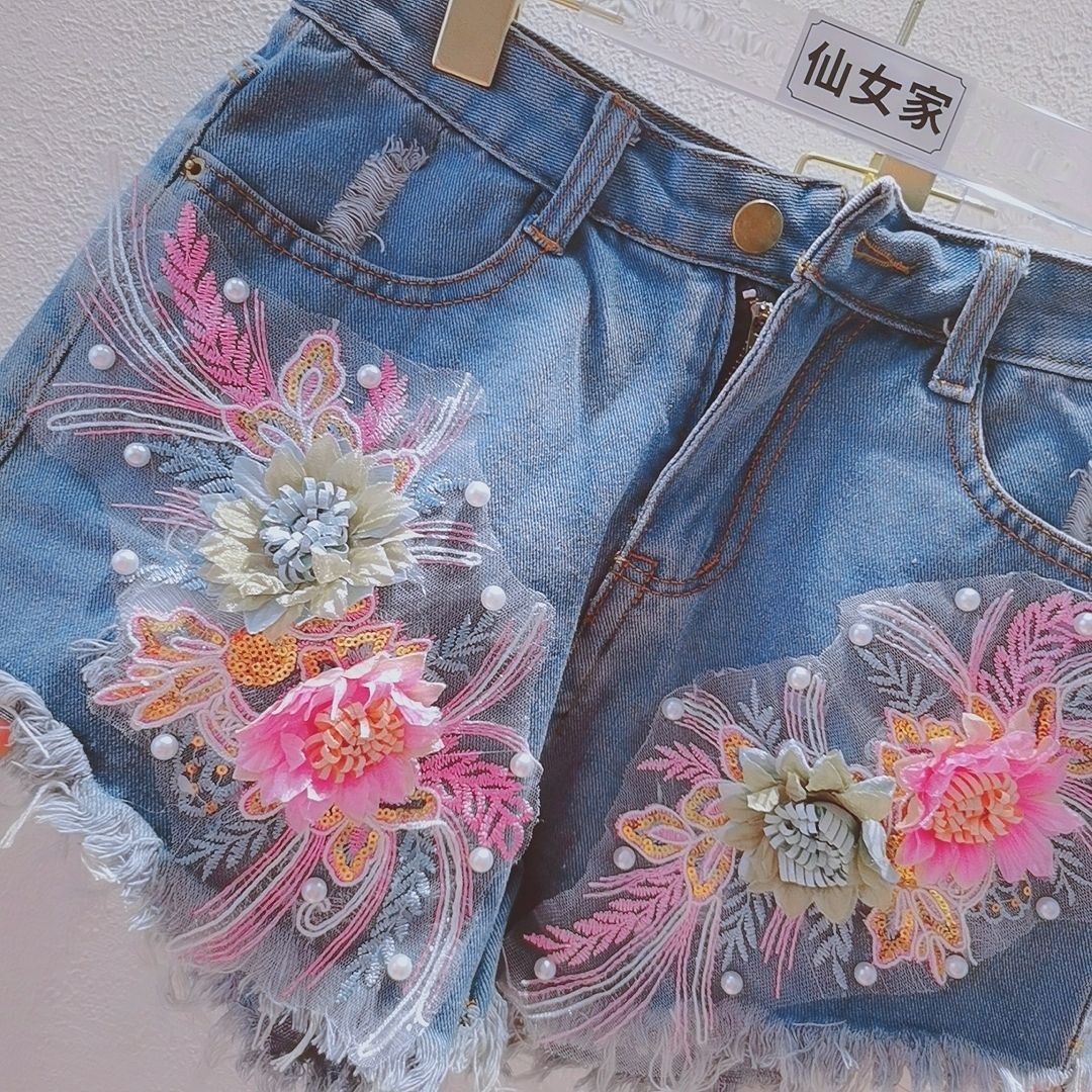Mode coréenne femmes été Denim - Embroidery Jeans Sakura avis et prix