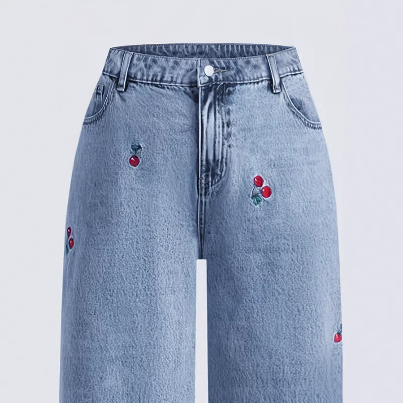 Jean en denim délavé rétro pou - Embroidery Jeans Sakura avis et prix